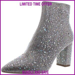 Rhinestone Ankle Boots with Block Heel, Pointed Toe, Size Medium